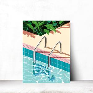 수영장 호캉스 여름 일러스트 힐링 거실 현관 인테리어액자 핑크풀 21x26cm