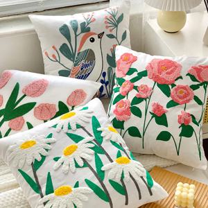 플로럴가든 자수 쇼파쿠션 꽃무늬 포인트 린넨 쿠션커버 45x45