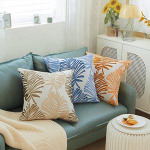종려나무잎 자가드 쇼파쿠션 앞면 린넨 뒤면 벨벳 양면 쿠션커버 45x45
