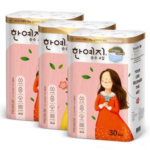 프리미어 순수 4겹 천연펄프 화장지 30롤 x 3팩
