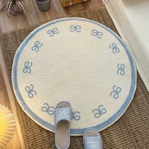 감성 인테리어 블루 리본 워셔블 원형 러그 3size 현관 욕실 주방 침대 단모 카페트
