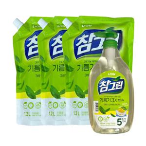 참그린 녹차 기름기 3X 뽀드득 주방세제 용기 965ml+리필 1.2L x 3개