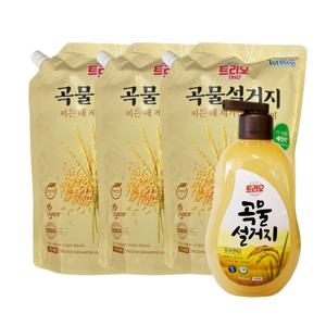 트리오 곡물 설거지 우리현미 주방세제 용기 750ml+리필 1.2L x 3개
