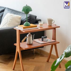[해외] 고무나무 원목 협탁 거실 소파 사이드 테이블 미니 2단 수납 선반 엔틱 탁자 안나