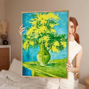 화사한 노란 플라워 꽃그림 액자 - 그린 테이블 위 미모사