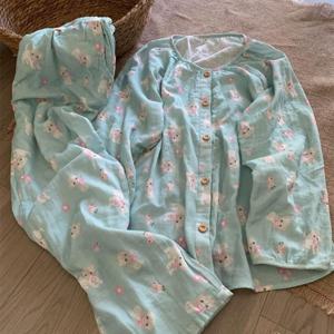 리본 아기 고양이 사계절 긴팔 순면 라운드넥 잠옷 세트 1color