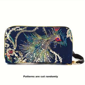 TEMU 여성용 롱 자수 지갑, 공작새 프린트 클러치, 다층 폰 가방, 동전 지갑