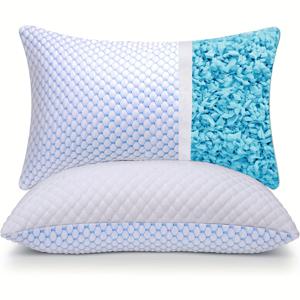 TEMU 1개 MIN 쿨링 베개 - 높이 조절 가능한 침대 베개, 탈부착 및 세탁 가능 커버, 이중 레이어 쿨링/대나무 분쇄 폼, 더운 날씨 잠자리, 옆/등/배 잠자리, 사계절용 단단/부드러움 (블루)