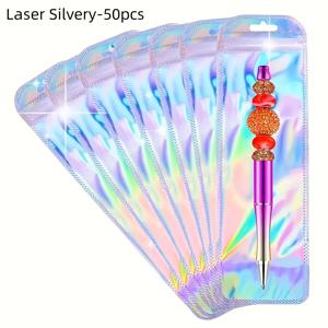 TEMU 레이저 실버/로즈 지퍼 선물 가방 50개/100개입, 소규모 사업에 적합한 재밀봉 가능 포장, 화장품 브러쉬, 펜, 립글로스 및 주얼리에 이상적