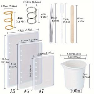 TEMU 노트북 레진 주형 키트, A5 A6 A7 노트북 커버 주형 실리콘 몰드 포함, 레진 북커버용, 4개 삼링 바인더 링, 2개 100ml 실리콘 계량컵, 5개 플라스틱 전용 피펫, 1개 에폭시 레진 집게, 10개 나무 막대, 완벽한 DIY 에폭시 레진 키트