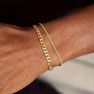 TEMU 남성용 18K 금도금 18K 금도금-도금 팔찌 세트, 골드 쿠바 링크 체인과 로프 체인 팔찌가 특징이며, 남학생을 위한 스타일리시하고 미니멀한 액세서리입니다.