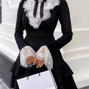 TEMU AC20 유럽 및 미국 패션 레이스 스플라이스 긴팔 허리 집은 우아한 드레스