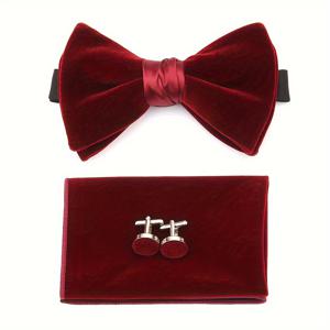 TEMU 남성용 세트: 솔리드 컬러 벨벳 나비넥타이 + 포켓 스퀘어 + 커프링크. 신랑 웨딩 파티, 연회, 무대 수상식, 웨딩 포토 촬영, 정장 액세서리에 완벽. 벨벳 엑스트라 라지 나비넥타이. 휴일 선물로 이상적