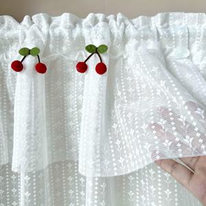 TEMU 싱글 팩, 레드 플러시 체리 장식이 있는 화이트 리프 주름 짧은 커튼, 가볍고 부드러운, 로드 포켓, 주방용, 캐비닛, 문, 농가 소형 창문 홈 , 93gsm