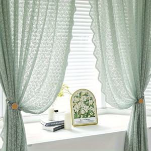 TEMU 프렌치 레트로 그린 레이스 자수 작은 꽃무늬 조각 시스루 튤 커튼 2개 세트, 거실 침실 문창문용 다기능 후크 포함, 보온 및 내한성 커튼, 침실 거실 홈 데코 패브릭 파티션 드레이프