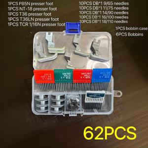 TEMU 62피스 재봉틀 액세서리 세트 - 플랫베드 압착발 5종 (P58N, NT-18, T36, T36LN, TCR1/16), 바늘 50개 (DB*1 9/65 바늘, DB*/75 바늘, DB*1 14/90 바늘, DB*1 16/100 바늘, DB*1 18/110 바늘), 보빈 6개, 보빈 케이스 1개, 보관함 포함 - 산업용 및 가정용 재봉틀 호환
