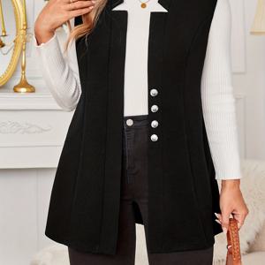 TEMU 사이즈가 큰 솔리드 버튼 오픈 프런트 조끼 재킷, 우아한 민소매 재킷 봄 & 여름, 여성용 플러스 사이즈 의류