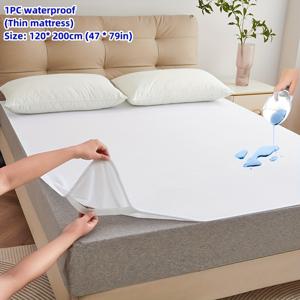 TEMU 세탁기 사용 가능한 얇은 매트리스 보호 커버, 흰색 수건 원단, 방수 기능, 부드럽고 편안한 소재, 기숙사, 침실, 게스트룸에 적합.