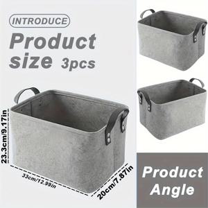 TEMU 3개 세트 휴대용 펠트 바구니, 세탁 가능 접이식 핸들 두 개, 대용량 수납함 - 옷, 책, 간식, 장난감, 홈 정리용, 빨래바구니, 선반용 바구니