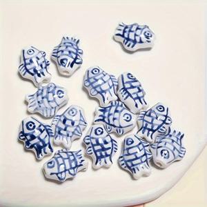 TEMU 수제 핸드페인팅 청화 중국식 도자기 구슬 5개 - 물고기 모양 DIY 액세서리 제작용 소형 둥근 구슬(0.59x0.47), 열쇠고리 공예용 - DIY 애호가를 위한 전통 도자기 구슬 참