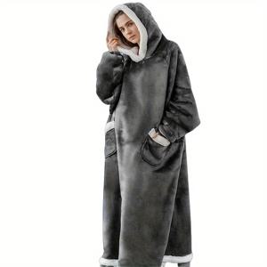 TEMU 회색 플란넬 쉐르파 안감 후드 캐주얼 목욕 가운, 포켓이 있는 따뜻하고 편안한 긴팔 로브, 여성용 라운지웨어 풀오버 파자마