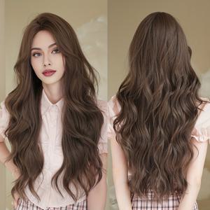 TEMU 여성용 시크한 애쉬 브라운 가발 앞머리 포함 - 28인치 긴 루즈 웨이브, 고밀도 합성 머리, 열에 강함, 일상 및 파티용으로 완벽함