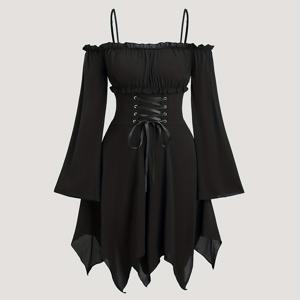 TEMU 여성용 고딕 오프숄더 비대칭 밑단 드레스, 빈티지 스위트 스타일, 긴소매 타이업 홀터넥 드레스, 불규칙 컷 베이비돌, 솔리드 컬러, 할로윈 이스터 패션 심플 우아한 다용도 드레스