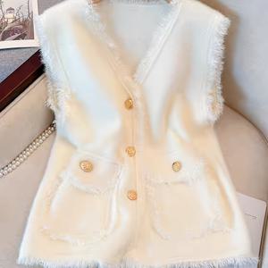 TEMU 1개 우아한 여성용 V넥 니트 조끼 카디건 - 단색 프린지 장식 스웨터와 버튼 디테일, 사계절 패션, 인조 아크릴 소재