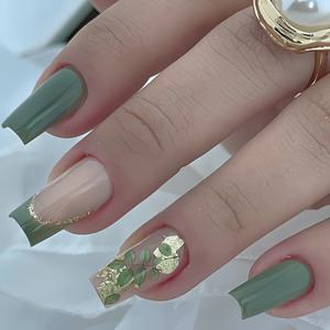 TEMU 24개 세트의 스타일리시한 미디엄 스퀘어 프레스온 네일 (그린 색상), 신선한 잎사귀 디자인과 반짝이는 골드 포일 젤 네일 스트립이 특징입니다. 이 풀 커버 인조 네일 키트에는 접착 탭 1장과 파일이 포함되어 있으며, 데일리 사용에 적합합니다.