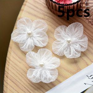 TEMU 핸드메이드 미니 패브릭 꽃 5개 세트 - 진주 센터 & 레이스 꽃잎 (다색상: 화이트, 블루, 그린, 퍼플, 핑크, 빈페이스트/레드, 그레이) - DIY 공예, 헤어 액세서리, 브로치, 신발 & 가방 장식용 핸드 스티치 메쉬 꽃