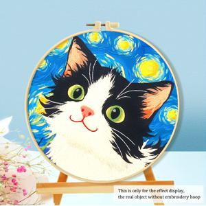 TEMU 11CT 미리 인쇄된 원단, 혼합 색상 실, 스풀 3개 세트가 포함된 고양이 테마 십자수 키트. 동물 자수에 적합하며, 초보자도 쉽게 사용할 수 있어 연중 사용 가능합니다.