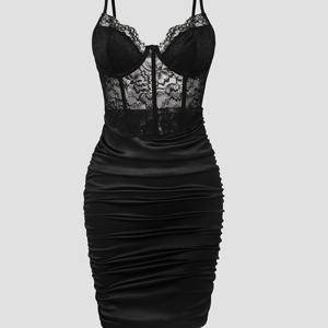 TEMU 섹시한 레이스 피쉬본 스플라이싱 시스루 주름 힙 드레스