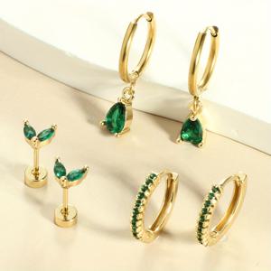 TEMU 여성들을 위한 고급스러운 유럽 스타일을 디자인한, 스터드, 이어 커프스, 드롭 이어링을 포함한 6개 세트의 우아한 그린 지르코니아 스타일 이어링