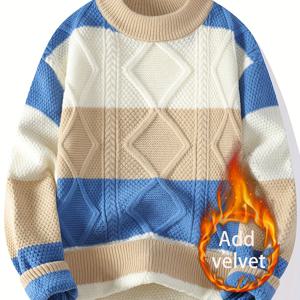 TEMU 센메이의 컬러 블록 따뜻한 라운드넥 스웨터 (10대), 남성용 두꺼운 트렌디 니트, 가을/겨울에 완벽