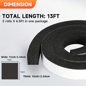 TEMU XFast 6.5피트 고탄력 폼 날씨 차단 테이프 2롤, 1인치 x 1인치, 에어컨, 창문, 문, 실내 사용을 위한 방수 단열 실란트 - 블랙