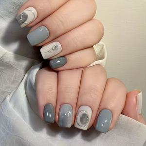 TEMU 헤이즈 블루 모닝듀 인조 네일 24개입