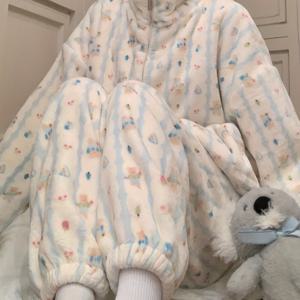 TEMU 여성용 코랄 파자마 세트, 가을/겨울용 두꺼운 보온 긴팔과 바지, 귀여운 지퍼 홈웨어|잠옷|냉장고바지|옷