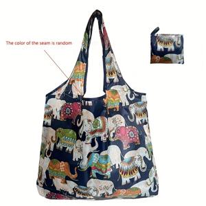 TEMU 대용량 컬러풀 코끼리 패턴 접이식 쇼핑백 - 고품질 내구성 폴리에스터, 손세탁 가능, 클로저 없음, 캐주얼 스타일 휴대용 토트백, 장보기 및 일상용 캐리올 | 독특한 패션 액세서리 | 쉬운 관리 가방