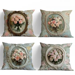 TEMU 크리스마스, 추수감사절, 하누카에 적합한 4개 세트 레트로 플로럴 로즈 침대 베개커버 - 지퍼 클로저, 세탁기 사용 가능, 우아한 핑크 장미 & 그린리 프린트 실내/야외 소파 침대 장식용 (내부 쿠션 미포함)