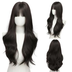 TEMU 여성용 블랙 롱 웨이브 가발, 앞머리 포함, 내열성 합성 고온 섬유, 자연스러운 외관, 일상 및 파티 착용에 적합