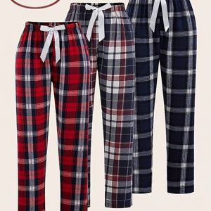 TEMU 여성용 3피스 체크무늬 슬립 팬츠 세트, 리본 타이 허리밴드 - 편안하고 루즈핏, 신축성 있는 허리, 세탁기 사용 가능