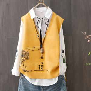 TEMU TJ22699 여성용 V넥 조끼, 캐주얼 루즈핏 민소매 스웨터 탑 (문학 스타일)