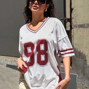 TEMU 유럽 및 미국 스타일의 세련된 캐주얼 스포츠 프린트 V넥 티셔츠