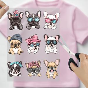 TEMU 9팩 프랑스 불독 열전달 스티커, 만화 동물 프린트, 폴리우레탄 패션 애완동물 패턴, DIY 아이언온 데칼, 티셔츠, 청바지, 가방, 마스크, 쉽게 적용 및 제거, 다양한 색상