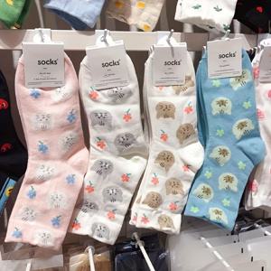 TEMU 봄/여름/가을 행운의 고양이 중목 양말 4켤레 - 귀여운 만화 고양이와 꽃 디자인, 편안한 캐주얼 여성용 양말, 봄, 가을, 겨울용