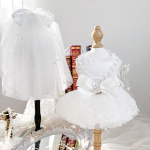 TEMU 귀여운 강아지와 고양이를 위한 웨딩 및 생일 파티를 위해 디자인된 진주색 웨딩 드레스와 리본 매듭 진주 베일이 특징인 투피스 세트, 공주 드레스 포함.