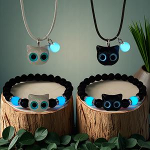 TEMU 블랙 앤 화이트 루미너스 레진 비즈 고양이 펜던트 목걸이와 팔찌 세트, 휴일 기념 주얼리, 좋은 친구와 베프를 위한 기념품