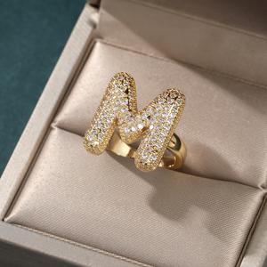 TEMU 유럽 및 미국 핫 26개 영문 오픈링 구리 인레이 합성 지르코니아 조절 가능한 반지