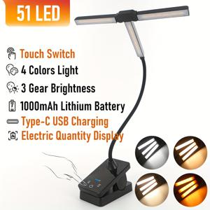 TEMU 51 LED 3-헤드 클립형 독서등, 4가지 색상 밝기 조절, 1000mAh USB 충전식 배터리, 유연한 호스, 침실, 침대 옆, 사무실 및 책상용 부드러운 조명