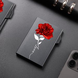 TEMU 사이드 푸시 팝업 지갑 - 세련된 레드 로즈 일러스트 방지 브러시 ID 카드 홀더, 휴대용 메탈 신용카드 홀더 그래픽 프린트 팝업 카드 박스